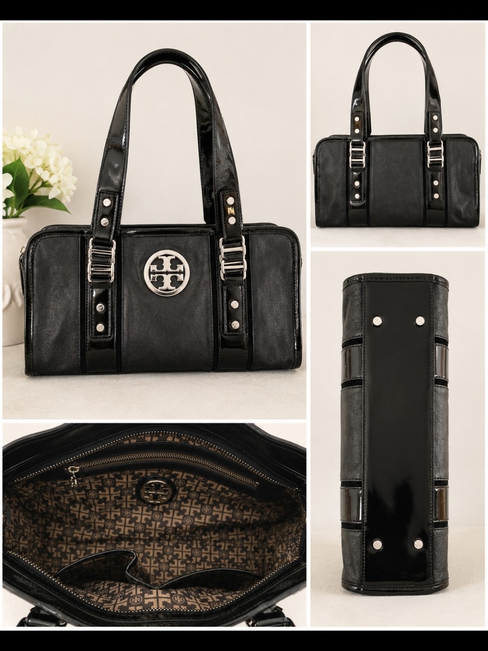 Tory Burch Black Patent Trim Leather Satchel